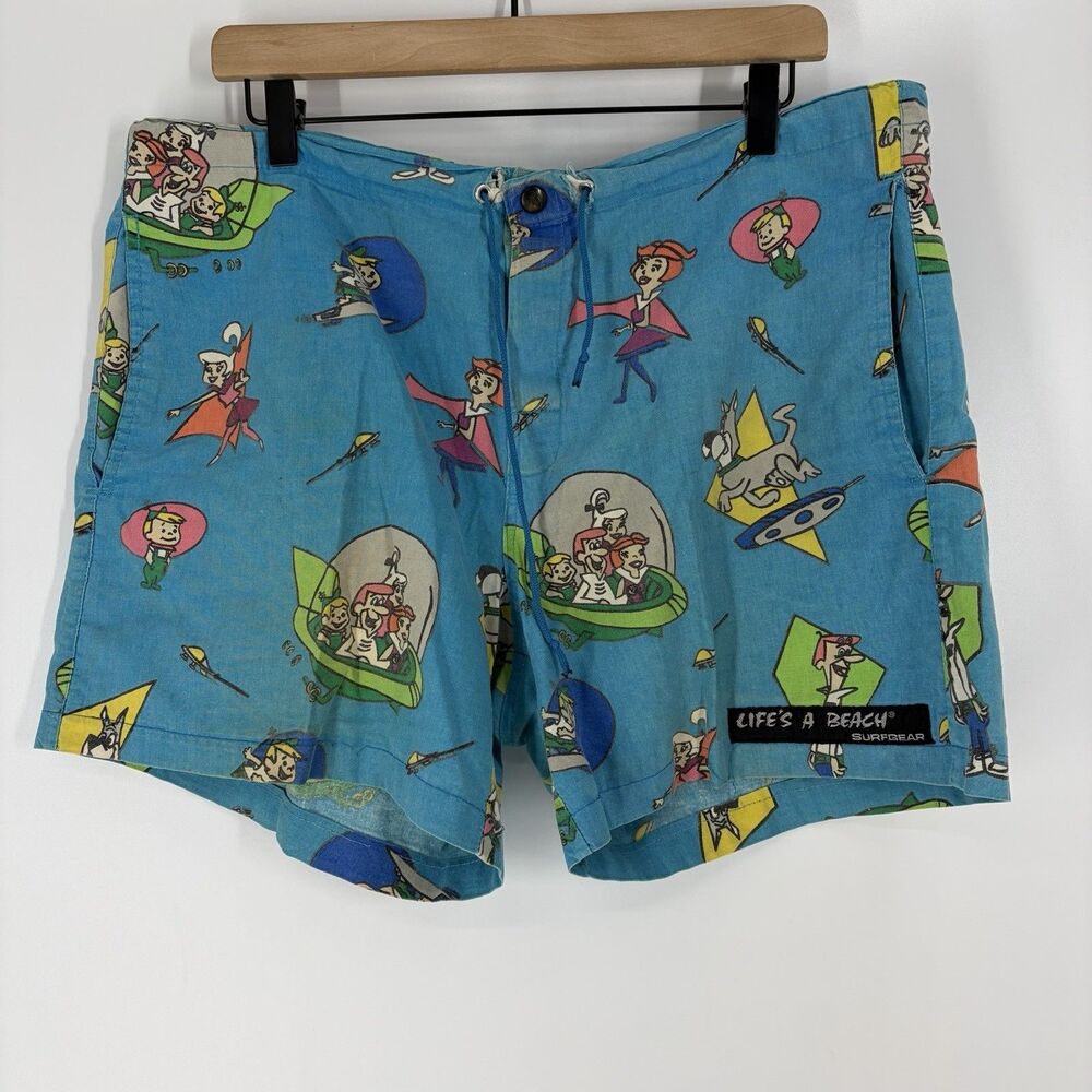 80s Lifes a Beach Shorts Size Large Mens 38 Teal Blue The Jetsons Print Vintage